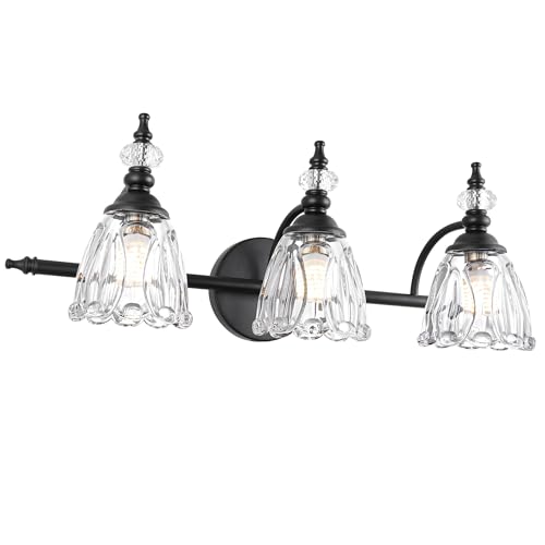 Image of Matte Black Bathroom Vanity Light, Farmhouse Bathroom Light Fixtures Over Mirror, 3 Light Vanity Lighting Fixtures, Flower Glass Shade Wall Sconce Lighting