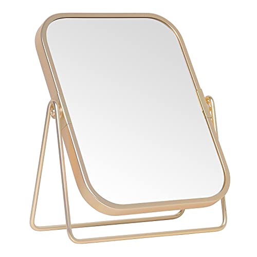 Espejo de maquillaje de mesa rectangular doble cara dorado