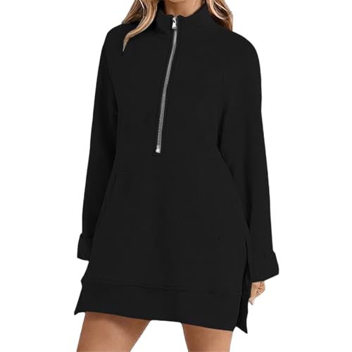 Image of Ydsxlp Long Sweatshirts for Women Half Zip High Collar Pullover Sweatshirt Loose Long Sleeve Solid Sweatshirts Side Slit Longline Tops Lightweight Casual Tunic Top with Pocket(Black,XL)