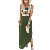 Womens Womens Good Vibes Print Rainbow Sleeveless Maxi Dress Summer Casual Tank Dresses with Pockets(Aqua Green,Medium)