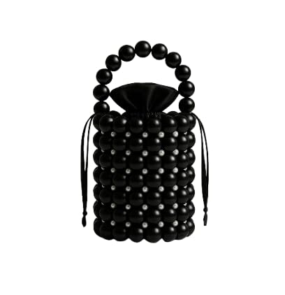 Pearl Beaded Evening Bag, Mini Bucket Handbag with Handle and Strap, White and Gold-image-14