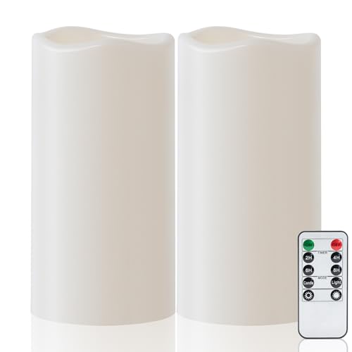 Amagic 2 Pack 8" x 4" Outdoor Plastic Electric flameless Candles with Remote Control and Timer, Battery Operated Flickering LED Pillar Fake Candle for Home, Wedding Decor, Ivory