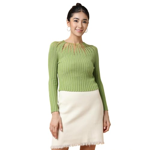 Image of ICW Women Knitted Rhinestone Embellised Daimond Studded Mesh Round Neck Long Sleeve Crop Top T-Shirt 206