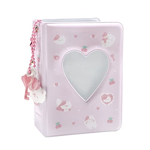 3 Inch Mini Photo Album Heart Hollow Card Binder Photo Card Holder with Pendant 40 Pockets (pink white cat)