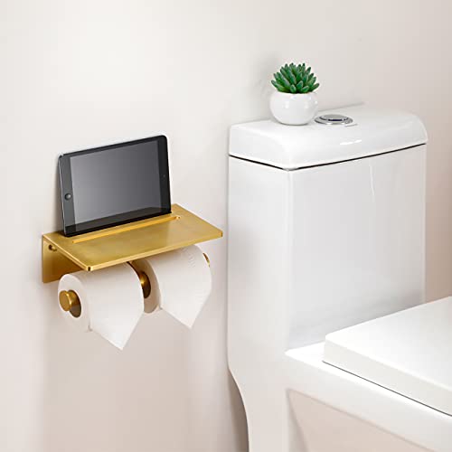 Smarthome Double Toilet Paper Holder With Shelf, Commercial Toilet Paper Roll Dispenser Wall Mount With Cell Phone Storage Rack, Aluminium Fits Mega Roll Dual Toilet Paper Tissue Holder Brushed Gold #TOP2