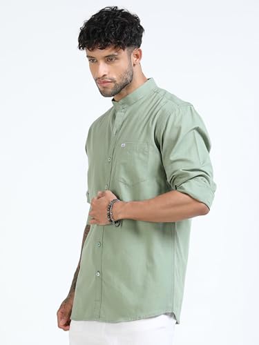 Image of Men's Cotton Linen Chinese Collar Full Sleeve Casual Shirt | Mandarin Collar Stylish Regular Fit Shirt
