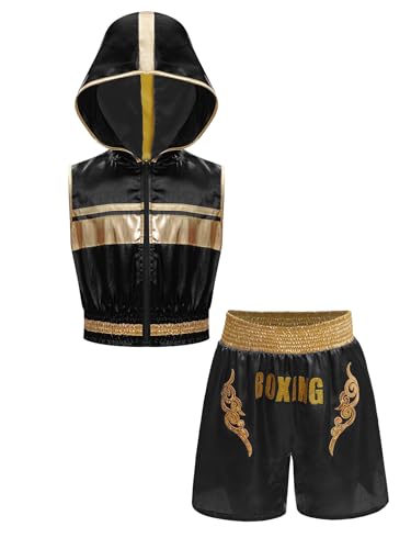 Eandarui Kampfkunst Anzug Kinder Junge Kickboxer Kostüm Ärmellos Hoodie Trainingsshirt Boxershorts Boxanzug Schwarz 122-128