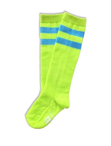 Unisex Child Kid Size Neon Bright Colored Knee High Sport Team Socks With Various Colored Stripes (US, Alpha, One Size, Neon Green with Neon Blue Stripes)