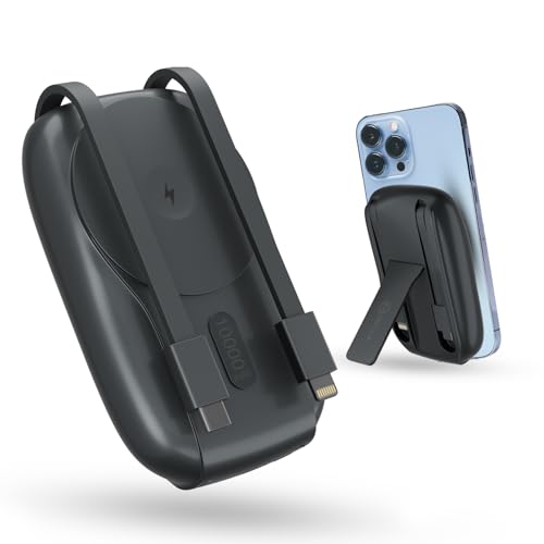 Image of Mobilla MPower Mag-3 Magsafe Wireless Powerbank | 10000mAh Battery | 15W Wireless Charging | 22.5W PD + QC 3.0 Output | In-Built Stand | LED Battery Display | Built-In Type-C & Lightning Cables (Grey)