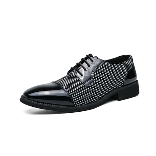 Mens Retro Two Tone Patchwork Patent Leather Lace-Up Dress Oxfords Shoes Casual Round Toe Non-Slip Derby Shoes for Business Casual Dress Prom Party