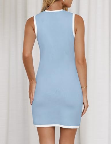 ZESICA Women's 2025 Summer Sleeveless Mini Dress Crewneck Button Knit Color Block Bodycon Party Short Dresses with Pockets4