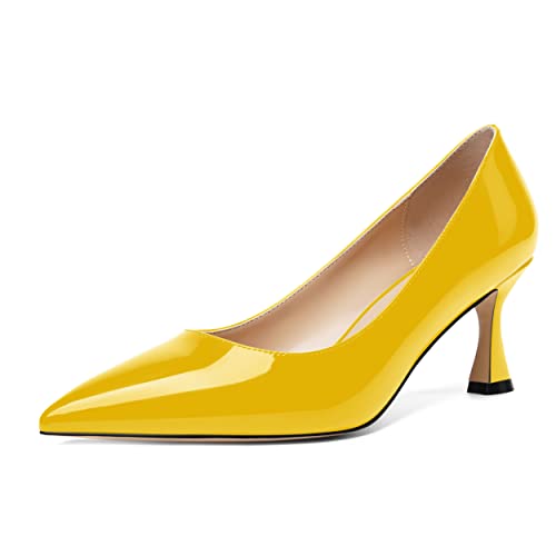 AMBELIGHT Womens Solid Office Dress Slip On Patent Pointed Toe Stiletto Mid Heel Pumps Shoes 2.5 Inch