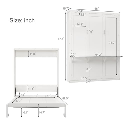 Modern Queen Size Murphy Bed with 2 Side Cabinet Storage Shelf, Cabinet Bed Folding Wall Bed with Desk Combo Perfect for Guest Room, Office (White+2 Bookshelf, Queen) - Thumbnail 3