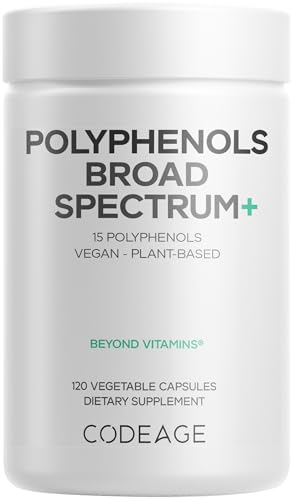 Codeage Polyphenols Broad Spectrum Supplement - Blend of 15 Berries Fruits and Botanical Extracts Decaf Green Tea Leaf Quercetin Resveratrol Pomegranate Turmeric - Non-GMO - 120 Capsules
