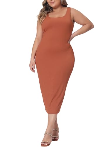 Image of Agnes Orinda Plus Size Dress for Women Summer Sleeveless Square Neck Bodycon Cocktail Sundress Sexy Midi Tank Dress