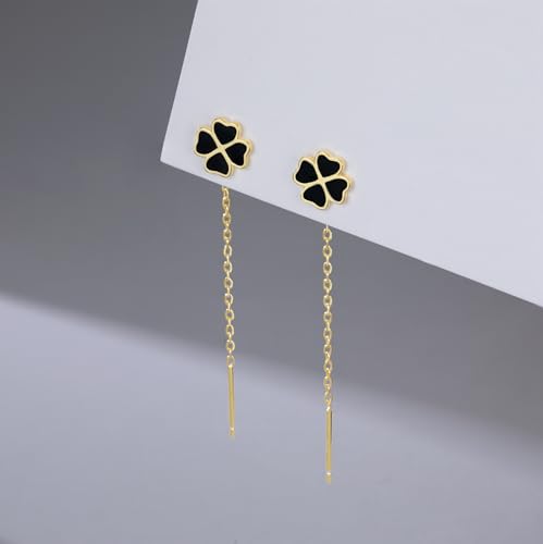 Reffeer Solid 925 Sterling Silver Leaf Clover Dangle Earrings Chain for Women Teen Girls Black Leaf Tassel Drop Earrings Threader3