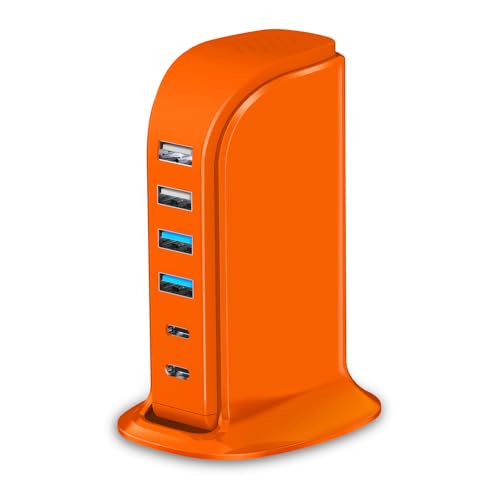 Upoy Bloque de carga dual USB C, estación de carga para múltiples dispositivos, 45 W en total, concentrador de torre USB listo para viajes, 6 puertos de carga para habitación de invitados, oficina