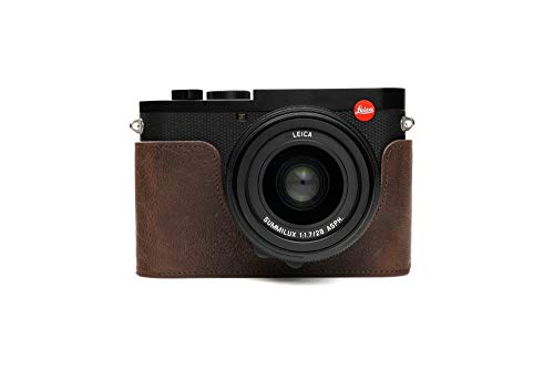 Leica Q2 Camera Case, BolinUS Handmade Genuine Real Leather Half Camera Case Bag Cover for Leica Q2 Camera Bottom Opening Version + Hand Strap (Coffee)