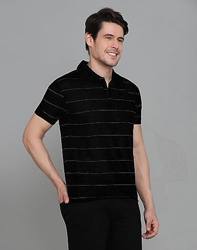 Image of INKKR Men's Striped Polo Neck Cotton Blend Multicolor T-Shirt