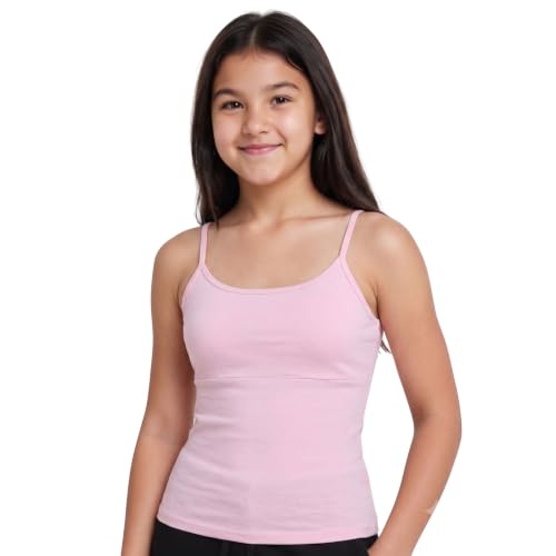 Image of DChica Cotton Padded Camisole Bra for Girls, Sleeveless Undershirts with Adjustable Straps, Tank Top /Innerwear for Girls (Pack of 1) Pink & White Camisole Inner Vest