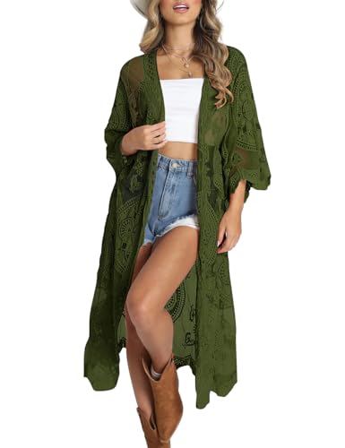 Bsubseach Femme Maille Cardigan Dentelle Plage Kimono Ouvert Devant Maillot De Bain Cover Ups Maillot De Bain Bikini Vert Foncé