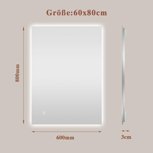 Archaluxe Badspiegel mit Beleuchtung 60x80cm Badezimmer Spiegel LED Dimmbar – Ansicht 8
