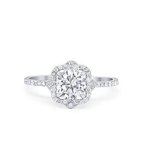 Blue Apple Co. Art Deco Halo Wedding Engagement Ring Floral Round Simulated Cubic Zirconia 925 Sterling Silver Size-7