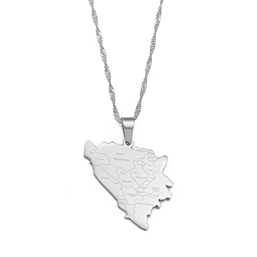 HUYUEXIN Bosnien Und Herzegowina Karte Anhänger Halskette - Country Umriss Ethnischer Stil Hip-Hop Schmuck, Stadt Name Druck Charm Dünne Kette, Frauen/Mädchen/Männer Unisex