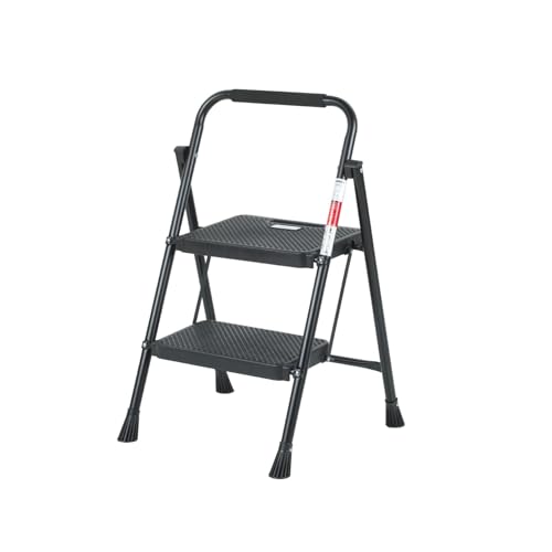 Escalera Plegable de Mano 2 Peldaños – Negra Escalera de Aluminio - Peldaños Anchos Antideslizantes – Compacta y Liviana, Fácil de Guardar – Ideal para Hogar, Cocina y Oficina