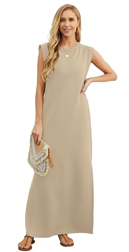 Image of GRECERELLE 2026 Women Year-Round Casual Round Neck Loose Split Wrinkle-Free Long Maxi Vacation Dress with Pockets (XXS-4XL)