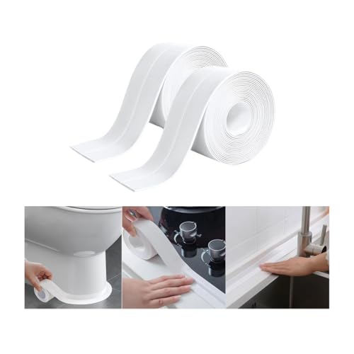 Image of White Caulk Tape for Bath & Kitchen,2 Rolls Caulking Tape Sealant Strip for Bathroom,Self Adhesive Caulk Strip tub Surround,Toilet Bowl Stick on Gel,Corner Kitchen Countertop Sealing Tool