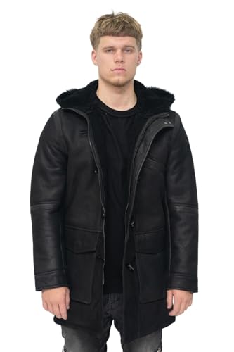 Infinity Leather Duffle Coat à Capuche en Cuir de Mouton Noir Pour Homme