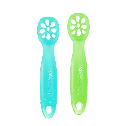 Image of ChooMee FlexiDip Silicone Baby Learning Utensil | 4 Months + Baby Led Weaning | Flat Head Spoon with Firm Handle | Designed in USA, BPA Free, Premium Grade Platinum Silicone | 2 CT Aqua Green