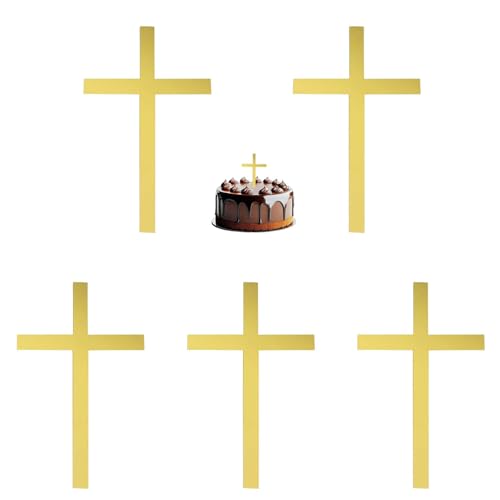 For 8 Inch+ Cakes6pcs Gold Acrylic Glitter Cross Cake Side Decor 3x5.5inch Cross Cake Cupcake Topper Pick for Theme Party Craft DIY Bless Wedding Bridal Shower Christmas Hallowmas Birthday Baptism