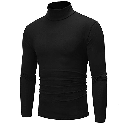 EQWIGKEIT Jersey de cuello alto para hombre, informal, cuello alto, monocolor, camiseta de algodón elástico, manga larga, cuello alto, manga larga, básica, corte ajustado, sudadera, A4 negro., M