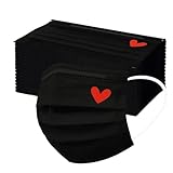 50Pcs Cute Disposable Face Masks for Adults Women, Black Face Masks with Pink Heart Printed 3Ply Breathable Full Face Protection red50