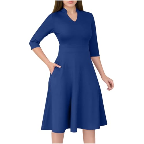 Women's Semi Formal A-Line Casual Dress, 3/4 Sleeve V-Neck Church Work Dresses Solid Color Basic Outfits with Pockets