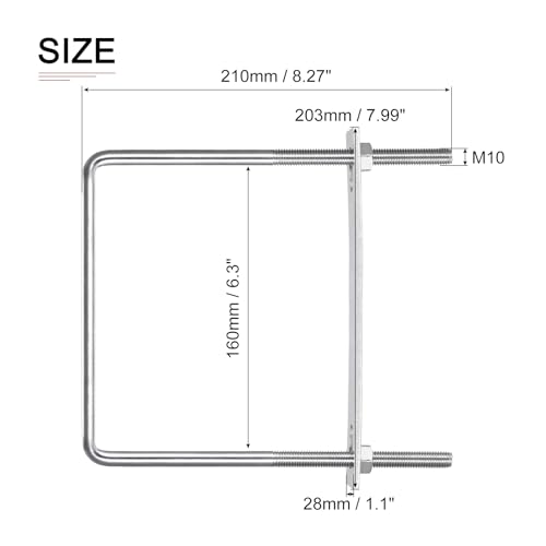 Image of DTGN M10x160x210mm(ThreadxWxL) Square U Bolt - 2Pack - Good for Trailer Pipe Replacement Parts - 304 Stainless Steel U Shape Bolts