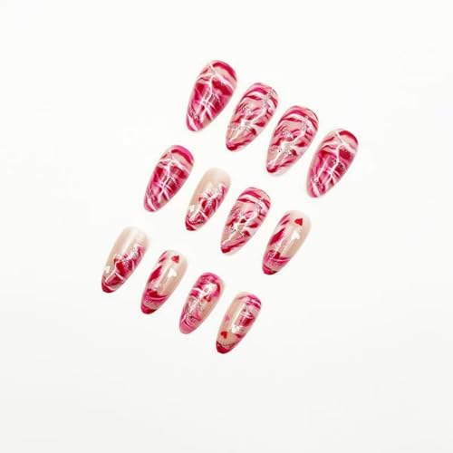 Image of Valentines Press on Nails Pink Fake Nails Shiny Glitter Ombre Glue on Nail with Design Glossy Full Cover Medium Almond Stick on Nail for Women Manicure 24Pcs