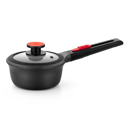 Image of BRA COOKWARE Infinity Nonstick Saucepan with Glass Lid | 6.3 Inch 1.2 Quart Deep Pot | PFAS Free Soup Pot | Deep Pan Ideal for Boiling or Warming on All Cooktops incl. Induction | Removable Handle