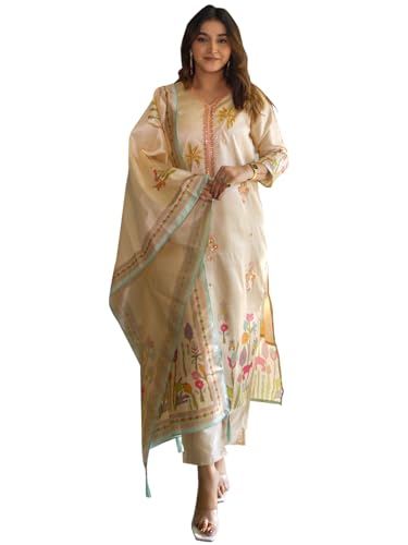 Image of VredeVogel Women's Viscose Silk Blend Straight Kurta Pant Set with Printed Dupatta for Festive & Casual Ethnic Kurta Sets