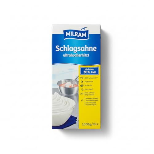 MILRAM Schlagsahne 1000ml UHT Sahne mit 30% Fett hitzestabil & besonders standfest + minafood Notizblock