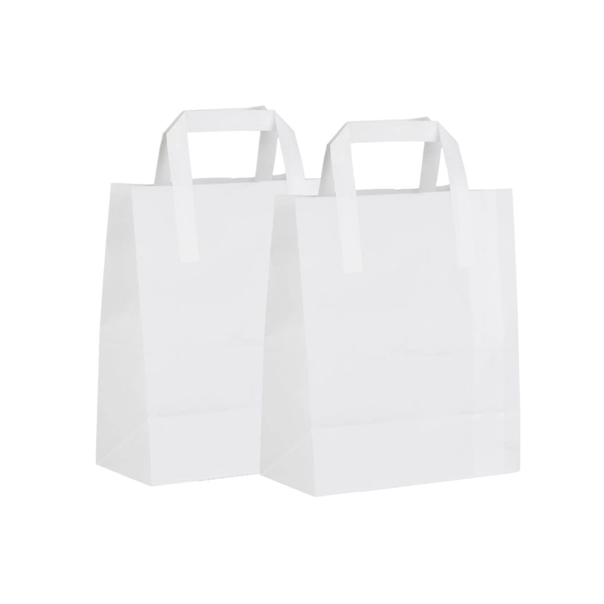 HOT BARGAINS 100 Small White Paper Bags with Flat Handle, SOS Takeaway Carrier, 100% Recyclable, Eco-Friendly Shopping Bags (19 x 8 x 25 cm)