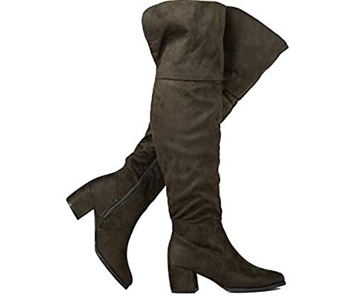 Nature Breeze Women's Over The Knee Low Block Heel Boots (Olive Su, numeric_7_point_5)
