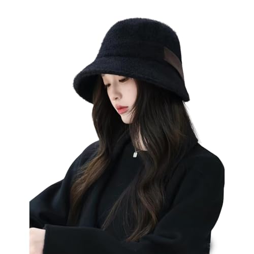Women's Winter Thickened Fisherman's Hat 1920s Vintage Elegant Bell-Shaped Hat Fashionable Wide-Brimmed Warm Hats Black