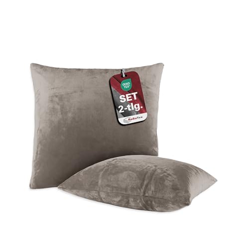 BaSaTex Plüsch Kissenbezug im Doppelpack | Cashmere Touch Kopfkissenbezug | Fleece Sofakissen Couchkissen | 100% Mikrofaser | 2X 50x50 cm | Taupe