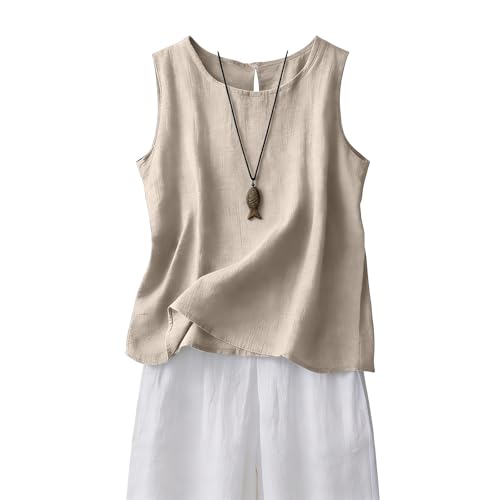 Linen Tops for Women Organic 100% Cotton Linen Tank Tops for Women Comfy Lounge Wear Summer Gauze Sleeveless Crewneck Hemp Shirt Seniors Casual Loose Fit Lightweight Cami Trendy Beach Beige
