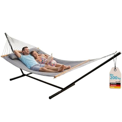 Skandika Hamaca Mysande | Hamaca doble con estructura de metal, para 2 personas, 200 x 140 cm, capacidad de carga de 200 kg, altura regulable, cojín, interior y exterior, jardín, piscina, balcón