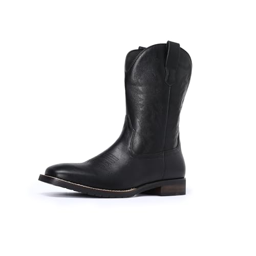 AUSTIN MILL Mens Western Cowboy Boots Retro Classic Square Toe Embroidery Ranch Slip Resistant Outdoor Shoes Black