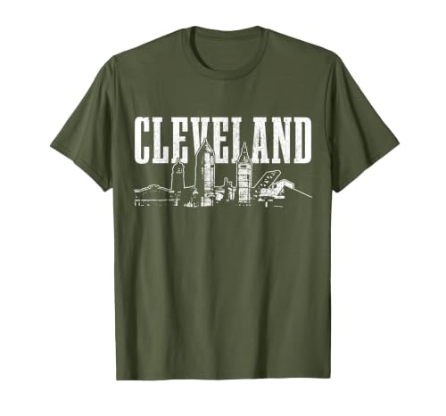 Cleveland Ohio Skyline Pride Vintage Cleveland T-Shirt, Men, Olive Green, Medium